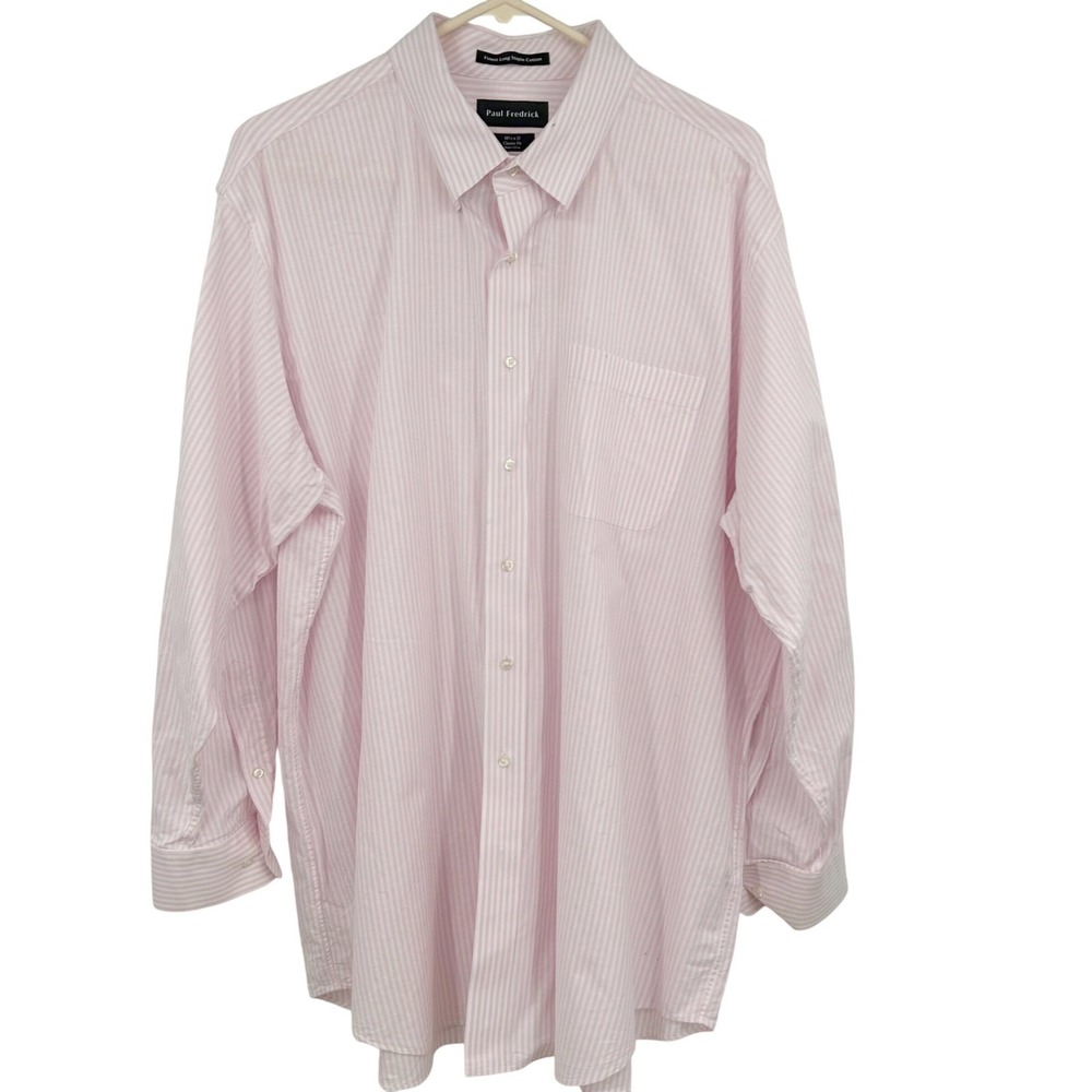 Paul Fredrick Dress Shirt Mens 18.5 x 35 Pink Striped Cotton Classic Preppy
